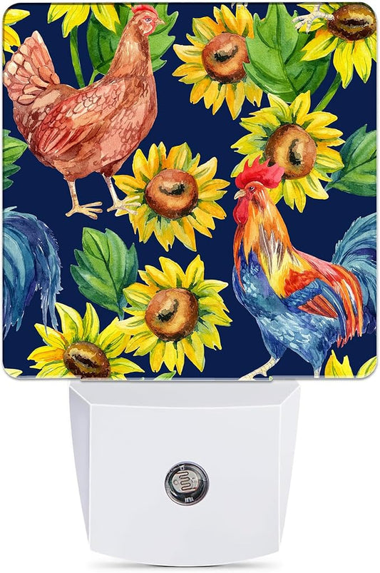 Retro Hen Rooster Night Light, Sunflowers Plug into Wall with Dusk to Dawn Light Sensors, Warm Nightlights for Bedroom, Bathroom, Hallway, Kitchen, Gifts Ideal for Boys Girls Women Men