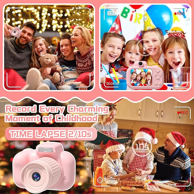 Temodu Kids Camera, Best Birthday Festival Toys Gifts for Girls Boys Age 3 4 5 6 7 8 9 10 11 12 Year Old, Digital Camera for Kids with Video, Toy Camera Toddler Camera for Girls with 32GB Card - Pink