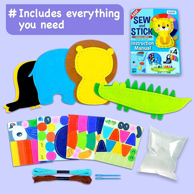 EZCRA Easy Arts and Crafts for Kids - No Mess Sewing Kit for Kids - 4 Easy to Do Cute Animals Sewing Projects - Fun Felt Stickers - Tools with Instruction - Gifts for Boys and Girls Age 4,5,6,7,8