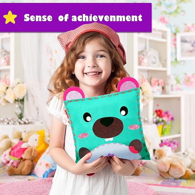 Aimiffy Kids Sewing Kit for Girls - Beginner Arts & Crafts,Make 6 Projects of Animal Knitting Kit for Beginners Arts and Crafts,Birthday Gifts for Girl 5-12 Years, Toddler Learn to Sew and Embroidery