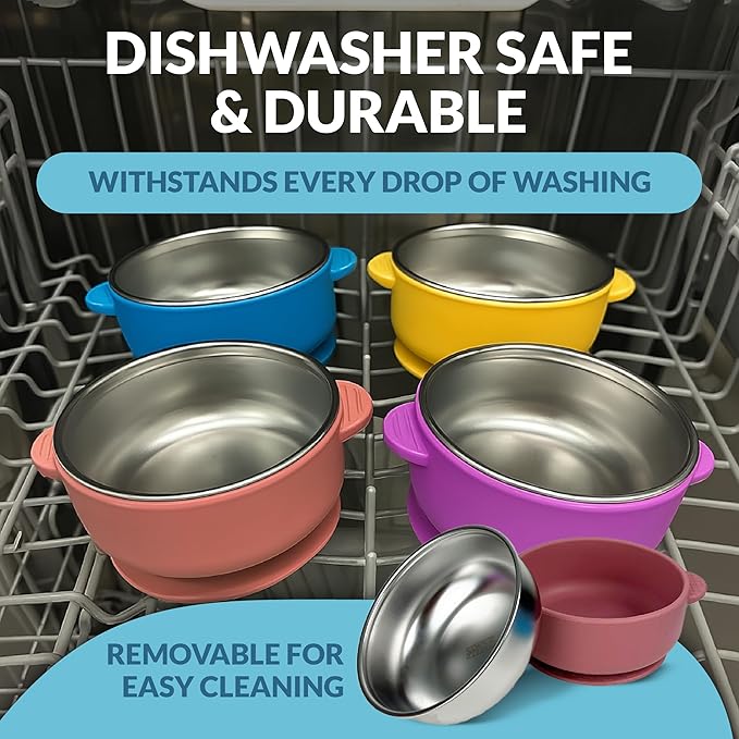 Stainless Steel Toddler Bowls with Suction & Lids – 4-Pack Spill-Proof Kids Bowl Set with Travel Bag – BPA-Free & Dishwasher Safe