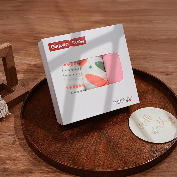 GLLQUEN BABY Swaddle Blankets for Baby Girls, 3-6 Months, Orange Pink Feather & Wave Point, 3 Pack Wrap Set, Newborn Adjustable Swaddles Sleep Sack, (Medium/Large)