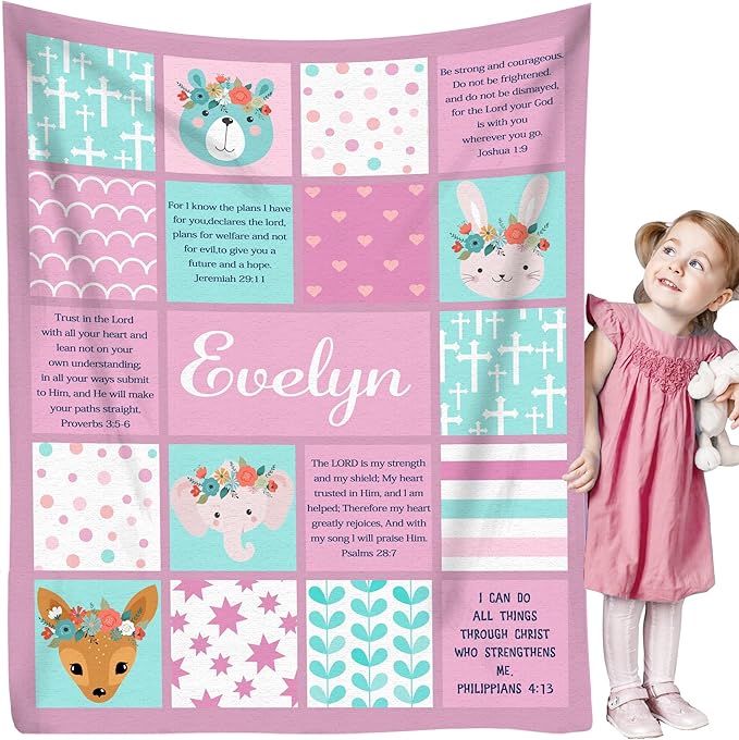 Personalized Baby Blankets with Name Christian Gift for Baby Plush Baptism Blanket Scripture Quote Swaddle Bible Verse Blanket for Girls Newborn Birthday Christmas Christening Godchild Gift