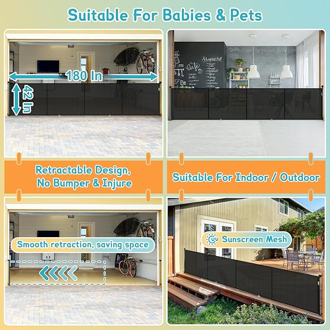 180'' Retractable Baby Gates Extra Wide,42" Extra Tall Retractable Dog Gate for Doorways,Safety Upgrade 15 Foot Extra Long Retractable Baby Gate for Stairs, Black Indoor/Outdoor Retractable Gate