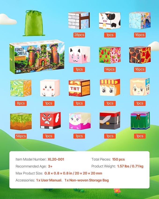 VEVOR Magnetic Blocks, 150 PCS Forest Castle Set, Magnetic Building Cubes for Kids, STEM Montessori Sensory Toys for Christmas Birthday Gift, Construction Stacking Toy for 3+ Years Old Boys & Girls