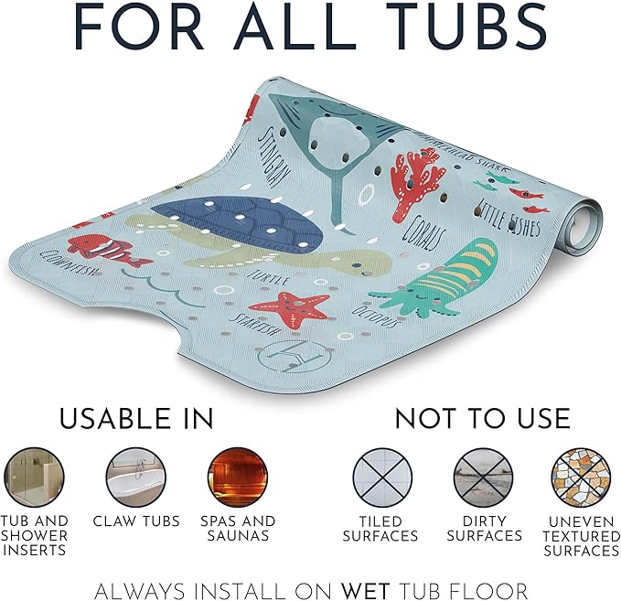 Homerella Baby Bath Tub Mat | Anti Mold Mildew Resistant Non Slip Kids and Adult Bath Tub Shower Mats | 40x16 inch Long with Suction Cups for Secure Grip Hooks for Storage & Drying | Machine Washable