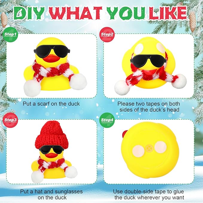 Syhood 48 Sets Christmas Mini Rubber Duck Bulk with Sunglasses Scarf Hats and Adhesive Dots Duckies Bath Toy Xmas Decor for Christmas Winter Gift Cruise Birthday Party (Classic Hat)