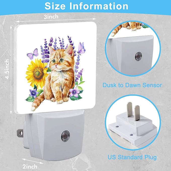 Cute Kitten and Lavender Flowers,Sunflower Butterflies Floral Plug in Night Light with Auto Dusk to Dawn Sensor,Warm Night Lights for Boys Girls Bedroom Bathroom Hallway Kids Room Gifts