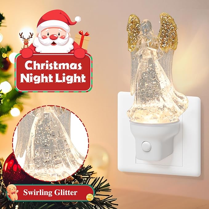 2 Pack Christmas Angel Night Light Plug into Wall Glitter Water Nightlight with USB/Outlet Options, Christmas Decorative Nightlight for Bedroom Kitchen Nursery Holiday Decorations Gifts (Angel)