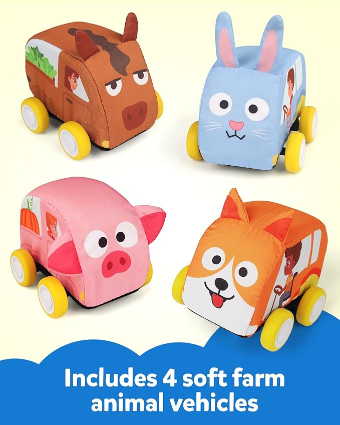 Coogam Musical Cars Play Mat for 1 2 3 Year Old Toddlers Easter Basket Stuffers, Soft Pull-Back Vehicle Set with Farm Animals Playmat Rug, Baby Fine Motor Montessori Toys Game