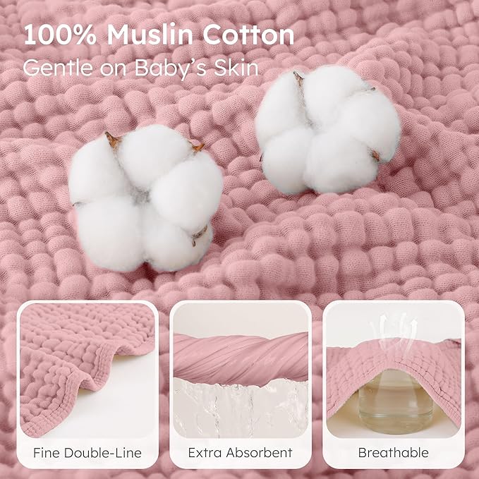 Looxii Baby Bath Towels 2 Pack Muslin Hooded Baby Towels for Newborn and Infants, 100% Cotton, Large 32x32Inch, Soft and Absorbent Pink+Flowers