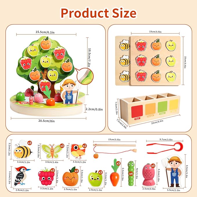Toddler Sensory Montessori Wooden Preschool Learning Educational Gift Toy for Kids Ages 3 4 5, Shape Color Sorter Apple Picking Carrot Harvest Game,Magnetic Fishing - Fine Motor Skills Toys
