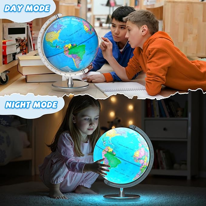 12" Illuminated World Globe for Children & Adults, Globe Lamp with World Map for Kids, Stable Heavy Metal Base, Interactive STEM Learning Gift & Night Light