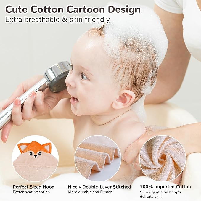 Viviland 2 Pack Hooded Baby Towels, Soft 100% Cotton Baby Bath Towels with Hood, Extra Thick and Absorbent, Essential for Newborns, Kids, Infants - Girls and Boys (Dinosaur & Fox)