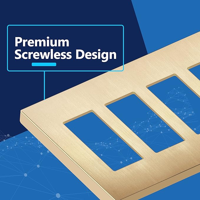 LIDER Brushed Finish Decorator Switch Cover, Screwless Wall Plate, Mid-Size 4-Gang 4.88" x 8.58", Unbreakable Polycarbonate Thermoplastic, UL Listed, LSWP-34M-BGD, Brushed Gold