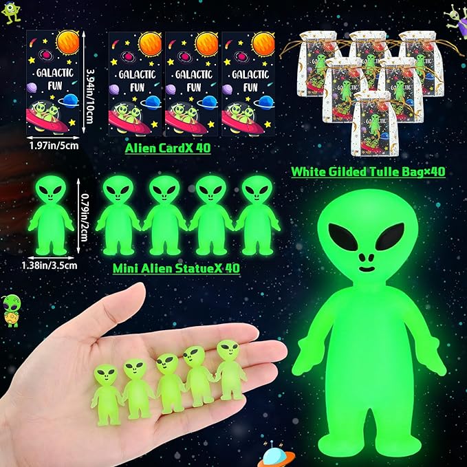40 Pcs Glow in the Dark Mini Alien Figures Set with Card and Gift Bag for Space Birthday Party Favors Halloween Little Small Tiny Alien Figurines Statue for Hide and Seek(Green)