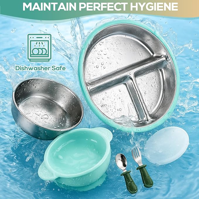 Mity rain Stainless Steel & Silicone Toddler Plates and Bowls Set with Suction,10-Piece Suction Plates & Bowls for Toddler,Removable Shell,Silicones Baby Plates for Independent Eating.
