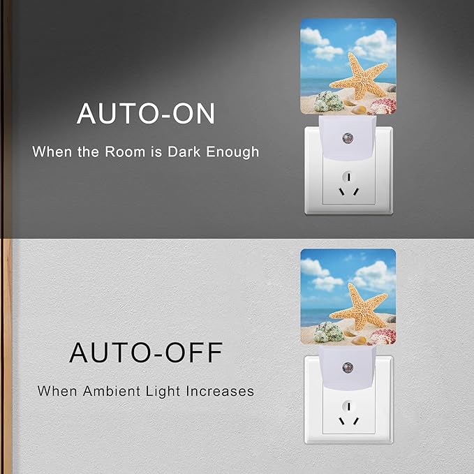 Seashells Starfishes Beach Night Light Plug-in LED Nightlights Auto Sensor Night Lamp Dusk-to-Dawn Lamp Home Decor for Nursery Children Girls Boys