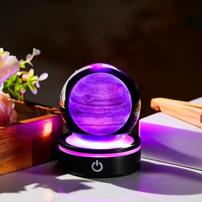 3D Jupiter Model Crystal Ball Led Lamp Base - Space Decor World Globe Planets Sphere Night Light 80mm 3.15 Inch - Solar System Decor Best Birthday Astronomy Gifts for Men Physics Science Teacher