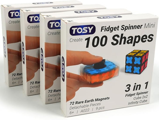 TOSY Magnet Fidget Spinner Mini - 8 Blocks, 3 in 1 Toy: Transformable Fidget Spinner, Infinity Cube, 2x2 Puzzle Cube, Stress Relief, STEM Magnet Tiles Birthday Gift for Kids/Boys/Girls/Adults, 4-Pack