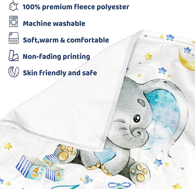 J&SBGFT Custom Baby Blanket with Name, Elephant Receiving Blanket for Toddlers Kids Nursery Stroller Crib Cuddles