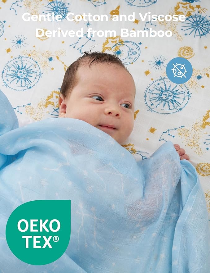 Momcozy Muslin Swaddle Blankets, Ultra Soft Neutral Registry Essentials, Angelic Starlight Zodiac Magic, Breathable Large 47'' x 47'' Newborn Boys Girls Receiving Blanket