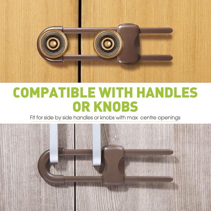 Jetec 10 Pieces Cabinet Locks for Babies, U-Shaped Proofing Drawers Safety Child Locks Adjustable, Easy to Use Childproof Latch for Knob Handle on Kitchen Door Storage Cupboard Closet (Brown)