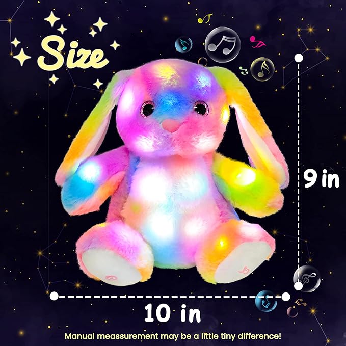 Hopearl LED Musical Stuffed Bunny Colorful Lighting Up Singing Plush Rabbit Adjustable Volume Lullaby Animated Soothe Birthday Festival for Kids Toddlers, 10''