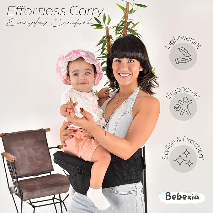 Baby Carrier with Hip Seat - with Lumbar & Back Support – Adjustable Waistband with Strong Support - Health Certified, Machine Washable, Fits Medium–Large (Black)