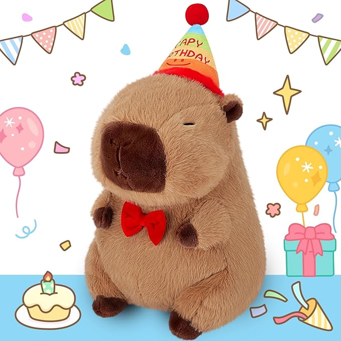 Achwishap Capybara Plush,Cute Plushies Capybara Stuffed Animal,Capybaras Plush Toys,Kawaii Plushie Stuffed Toy with Birthday Hat Plushie Gift for Kids Adults Birthday(Capybara with Birthdays Hat,12”)