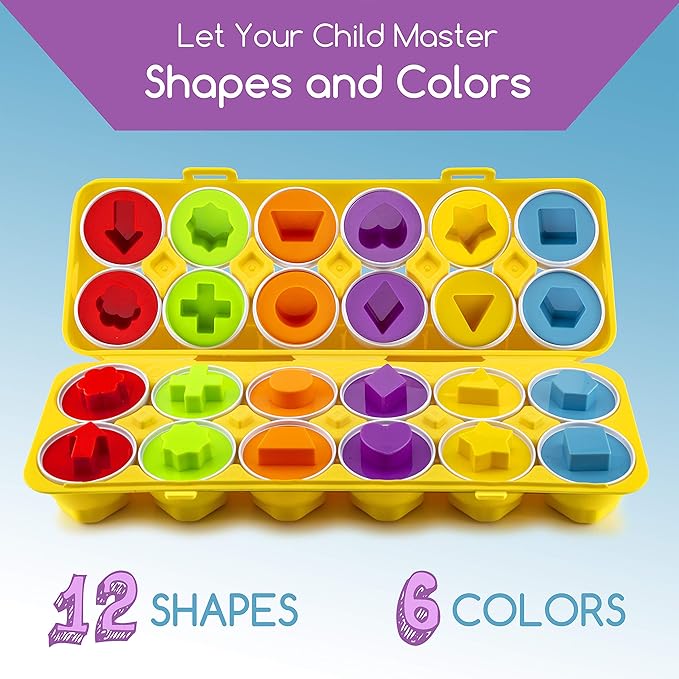 Play Brainy Shape and Color Matching Eggs – Easter Egg Toy – Educational Montessori STEM Toy for Toddlers and Preschoolers – Great for Color and Shape Recognition Development – Set of 12 Shape Eggs,