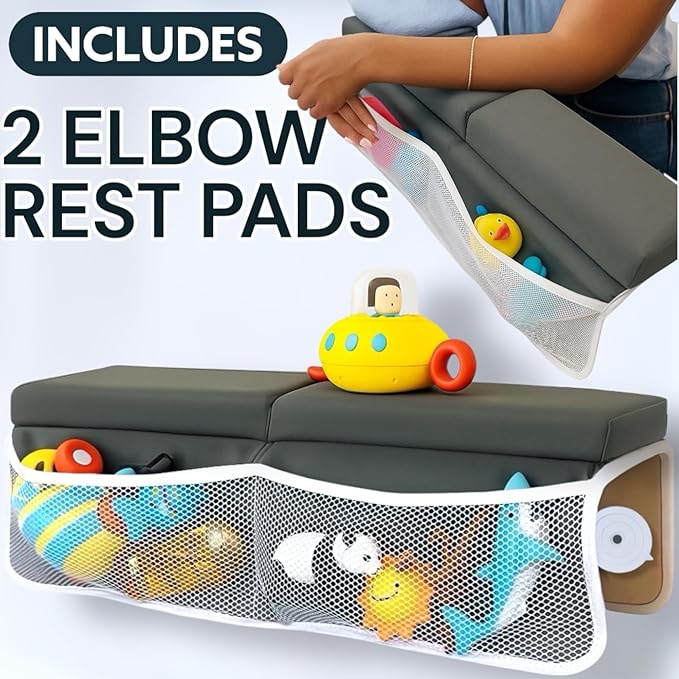 Comfortable Baby Bath Kneeler and Elbow Rest Pad Set, Non-Slip Bathtub Kneeling Pad for Bathing Baby, Bath Tub Cushion Mat, Elbow Pads, Toy Organizer Storage Pockets, Strong Suction Cups, Dark Gray