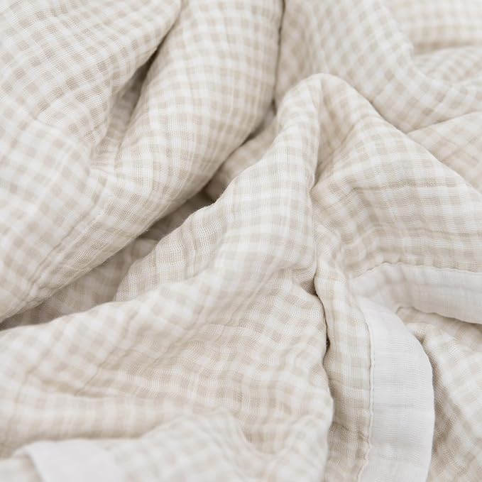 Little Unicorn Newborn Receiving Quilt | Ultra- Soft, Multi-Layered Muslin Fabric | Gift for Newborns & on-The-go (Tan Gingham)