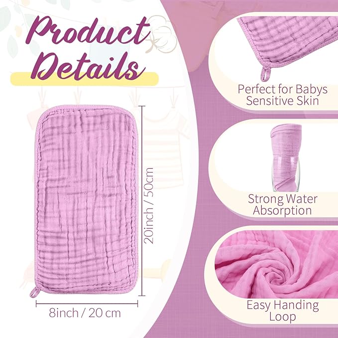 VitalCozy 6 Pcs Baby Muslin Hooded Bath Towels and Washcloths, 32 x 32 Inch Muslin Cotton Hooded Baby Towels Absorbent Blankets for Gift Newborn Infant Shower(White, Pink)