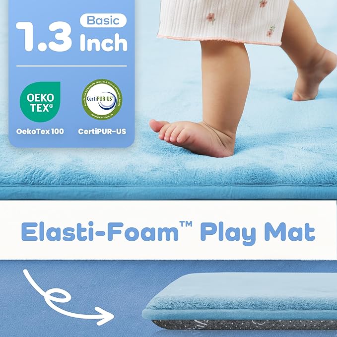 1.3" Thick Baby Floor Play Mat 50x50, Basic Padded Foam Mat for Tummy Time Crawling, Non Slip Cushioned for Babies Toddlers Infants Kids (Ice Blue)