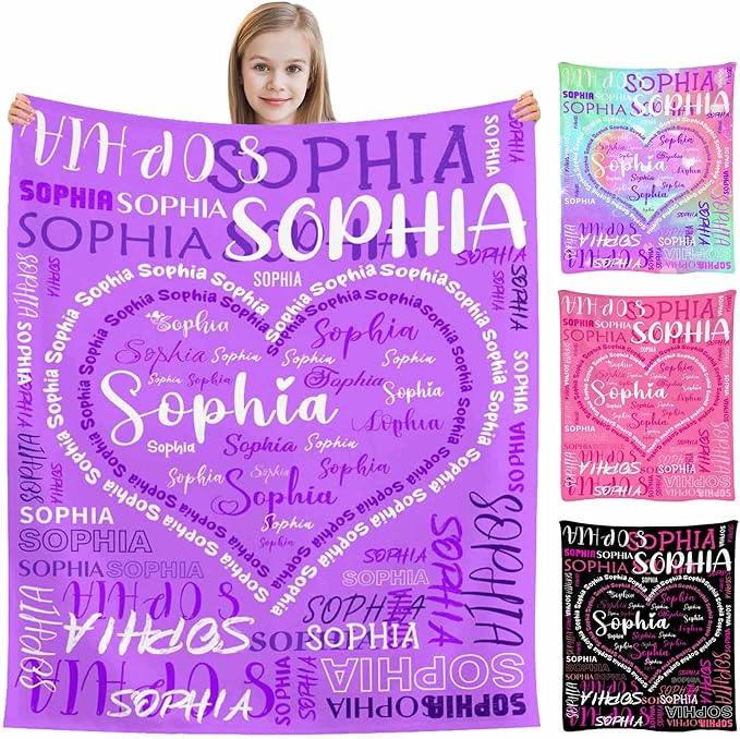 M YESCUSTOM Custom Baby Blanket with Name, Personalized Name Throw Blanket for Girls Boys Kids Customized Flannel Blanket for Men Women Valentines Day Mother's Day Christmas Newborns Purple Heart