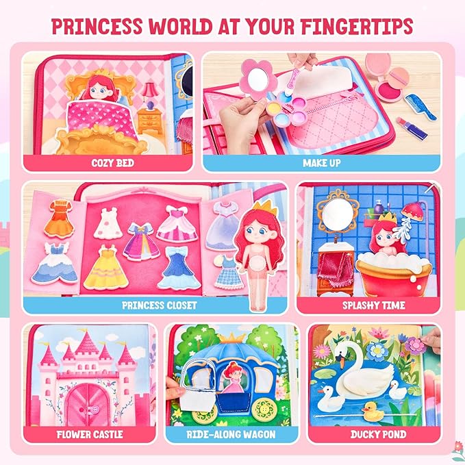 JoyCat Travel Toys for Toddlers 1-3, Princess Busy Book – Busy Book for 1 Year Old, Dress-Up, Unicorn & Castle Play –Quiet Toy Fine Motor Skills, Birthday Gift Girls