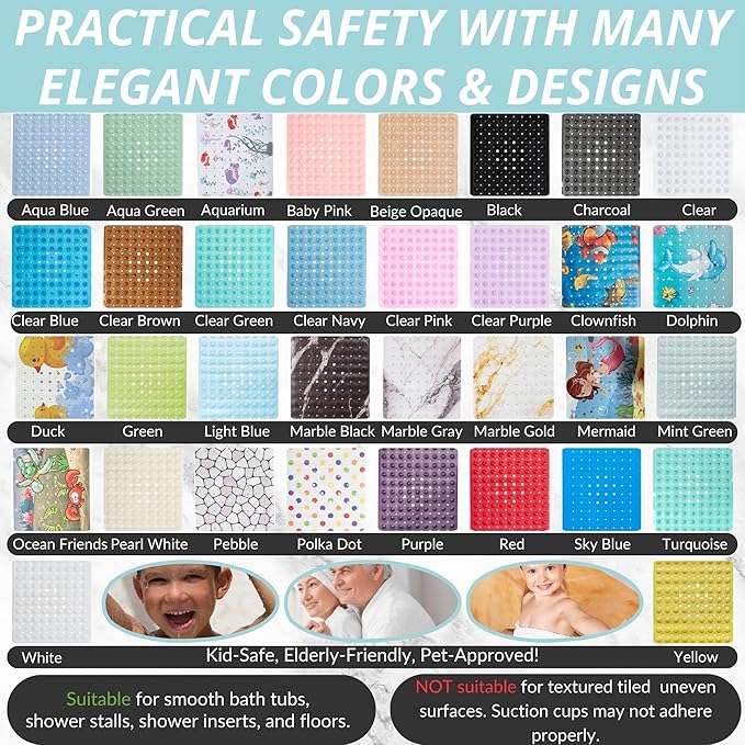 ENKOSI Non-Slip Bath Mat - Extra Long 40 x 16 Inch Large Anti-Slip Tub & Shower Mat with Suction Cups and Drain Holes for Bathroom Bathtub Safety and Decor (40x16 Aqua Blue)