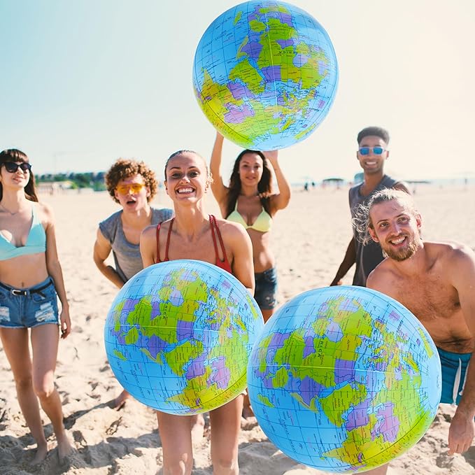 32 Pack 16 Inch Inflatable Globe Bulk Blow up Beach Ball Large Inflatable World Globe for Classroom Teaching Beach Playing Pool Party Bags