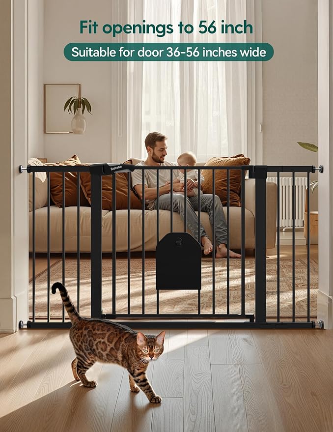 Babelio 36-56" Extra Wide Auto Close Baby Gate with Cat Door, Pet Gate Indoor with Extra Wide Walk Thru Door, Metal Dog Gate for Doorway, Stairs, Includes 4 Wall Cups and 3 Extension Pieces, Black