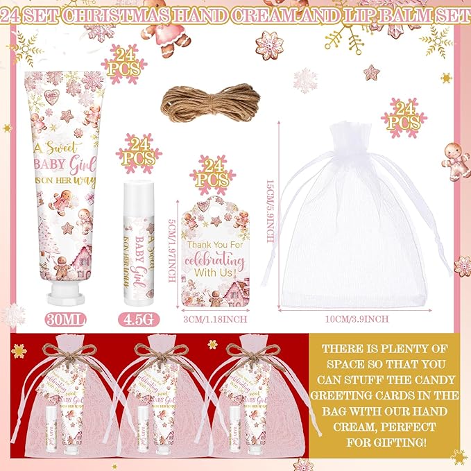 24 Sets Christmas Gingerbread Baby Shower Hand Cream and Lip Balm Gift Christmas Baby Shower Party Favors Travel Size Hand Lotion and Lip Balm Bulk Wedding Bridal Party Supplies for Guest