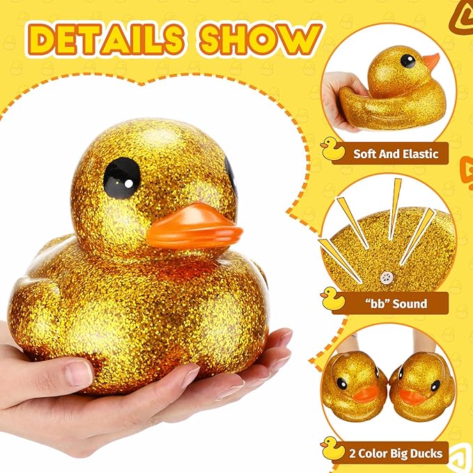 Honoson 2 Pcs 6.89 Inch Giant Glitter Rubber Ducks Big Sparkly Rubber Ducks Jumbo Bathtub Toys with Squeaky Sound for Baby Shower Pool Activity Birthday Gift(Glitter,Gold)