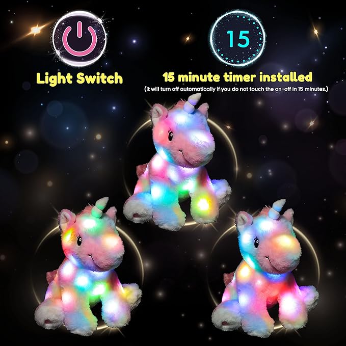 Hopearl LED Plush Unicorn Colorful Lighting Up Stuffed Animal Floppy Night Lights Glow in The Dark Birthday Gifts for Kids Toddler Girls, Rainbow, 12''
