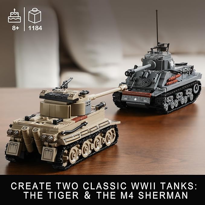 WW2 Army Tank Toys Building Kit Compatible with Lego, Create a German Tiger & an American M4 Sherman Models with 1184 Blocks, Great Military Toy Gifts for Boys, Kids Age 8-14