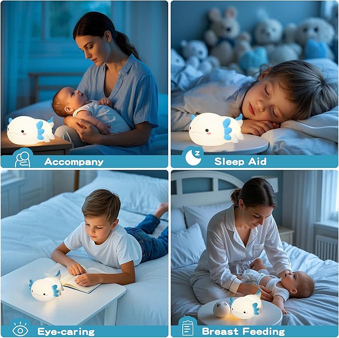 Axolotl Night Light, Nursery Lamp, 2-Level Dimmable, Touch Control, 20-Min Timer, Rechargeable, 100% Safe &Soft Silicone, Cute, Adorable, Soothing Ambiance, Gift for Kids, Blue