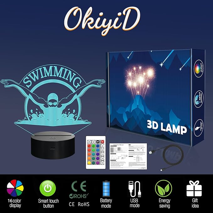 Swimming Gifts for Boys Girls, 3D Illusion Lamp, 3D Swimming Night Light with 16 Colors Remote and Touch Control, Swimmer Natator Decor for Kids Room, Girls Birthday Gifts