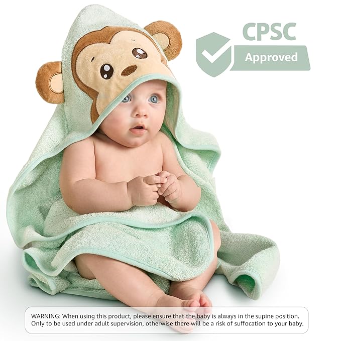 Bamboo Baby Towels with Hood – Mint Green 35x35” | Ultra-Soft Rayon from Bamboo & Cotton Bath Wrap | Adorable Monkey Hood for Newborns, Infants & Toddlers for Boys & Girls