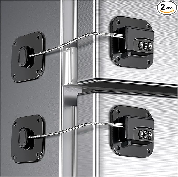 2 Pack Refrigerator Locks, Heavy Duty Fridge Lock for Child Safety Self Adhesive Combination Lock for Cabinets Window Drawers No Drilling No Keys Needed
