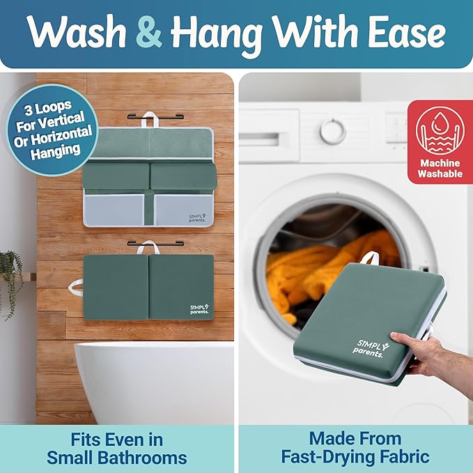 Baby Bath Kneeler and Elbow Rest Pad Set - Quick-Dry, Non-Slip Kneeling Pad for Bathing Toddler, Toy Organizer Pockets, Gift Box, Accessories for Tub, Green