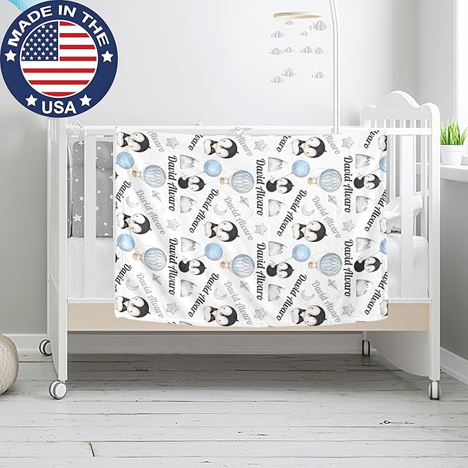 Ship Next Day Personalized Baby Blanket, Printed in USA - Custom Name Toddler Blanket with Penguin Pattern, Personalized